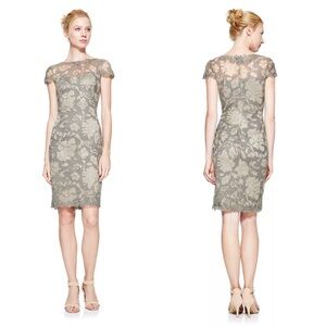 Tadashi‎ Shoji Floral Mesh Formal Metallic Algiers Dress in Smoke Pearl Sz 0